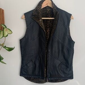 Vintage 100% Black Leather Vest Reversible Leopard